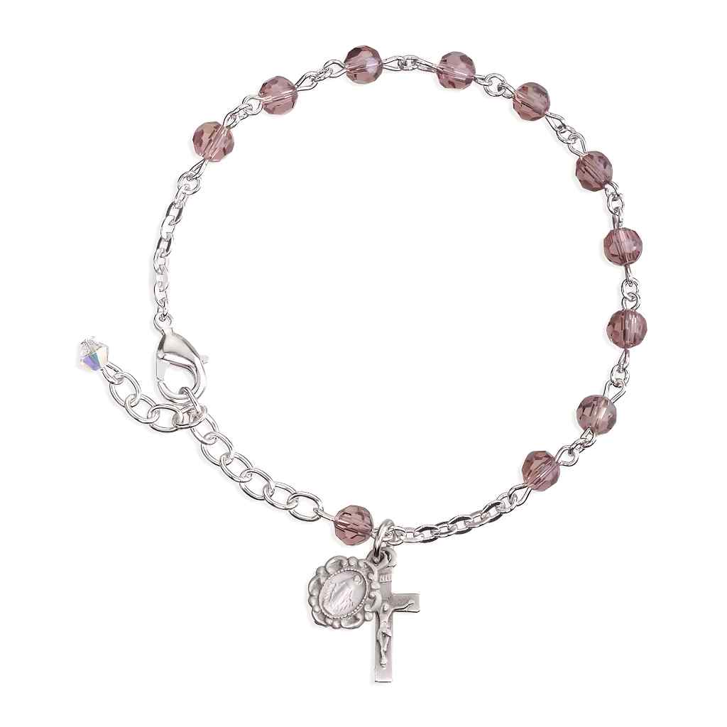 Silver Tone Catholic Rosary Bracelet with Light Amethyst 5mm faceted crystal beads and a silver oxidized Miraculous Medal and crucifix