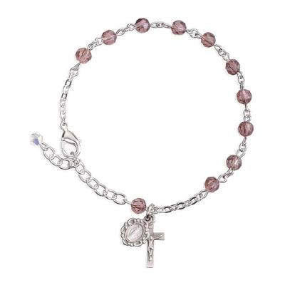 Silver Tone Catholic Rosary Bracelet with Light Amethyst 5mm faceted crystal beads and a silver oxidized Miraculous Medal and crucifix