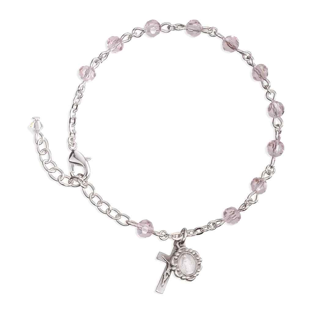 Silver Tone Catholic Rosary Bracelet with Light Rose 5mm faceted crystal beads and a silver oxidized Miraculous Medal and crucifix