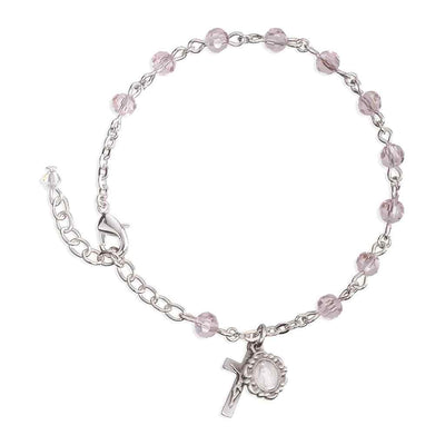 Silver Tone Catholic Rosary Bracelet with Light Rose 5mm faceted crystal beads and a silver oxidized Miraculous Medal and crucifix