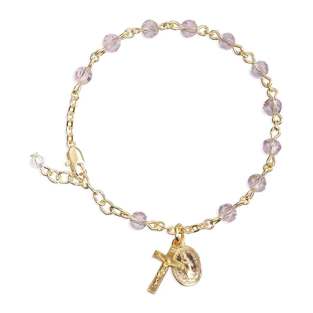 Catholic Rosary Bracelet with Light Rose 5mm faceted crystal beads and a gold plated Miraculous Medal and crucifix