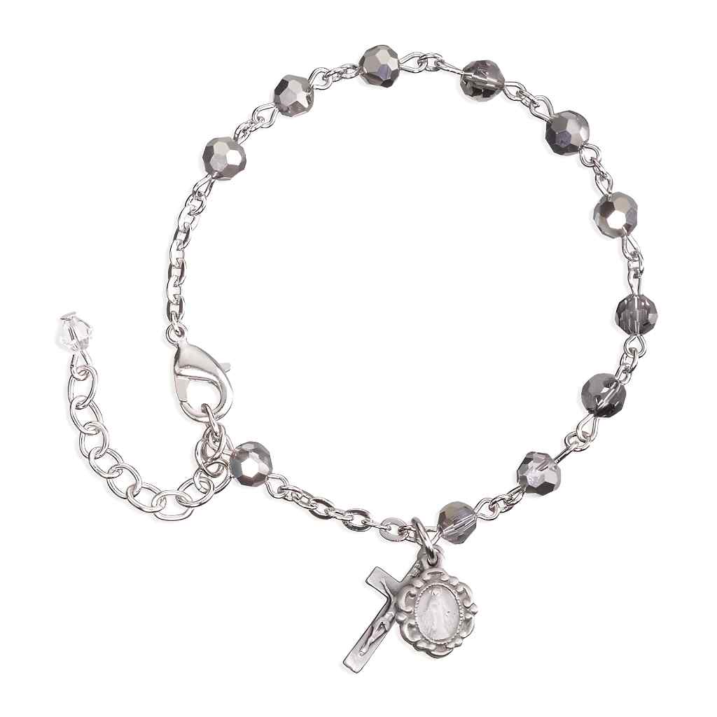Silver Tone Catholic Rosary Bracelet with Metallic 5mm faceted crystal beads and a silver oxidized Miraculous Medal and crucifix