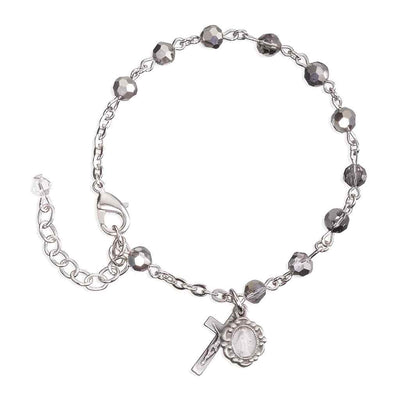 Silver Tone Catholic Rosary Bracelet with Metallic 5mm faceted crystal beads and a silver oxidized Miraculous Medal and crucifix