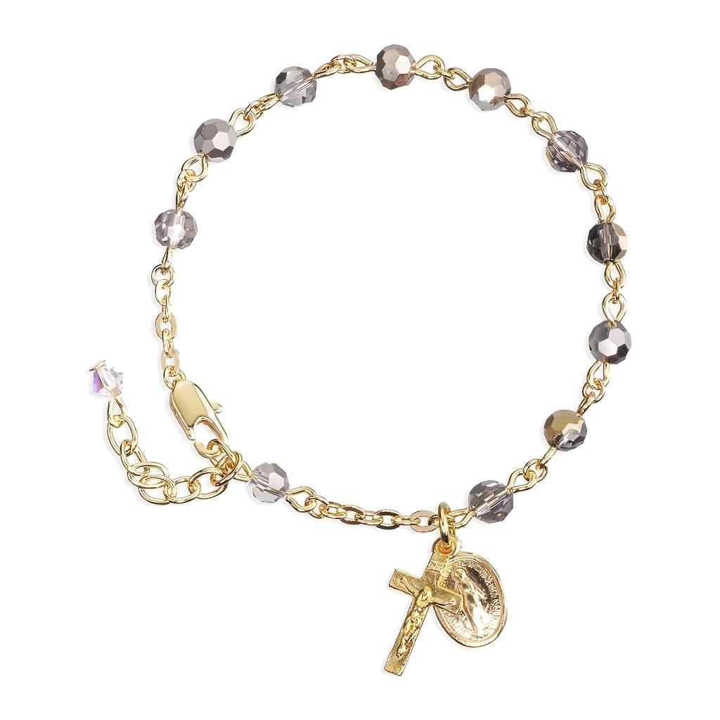 Catholic Rosary Bracelet with Metallic 5mm faceted crystal beads and a gold plated Miraculous Medal and crucifix