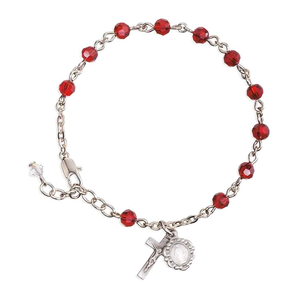 Silver Tone Catholic Rosary Bracelet with Ruby 5mm faceted crystal beads and a silver oxidized Miraculous Medal and crucifix