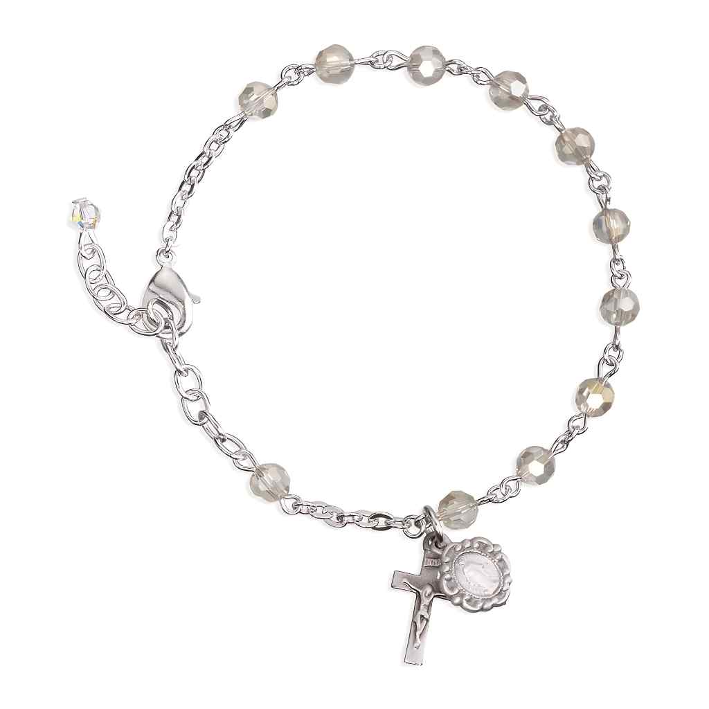 Silver Tone Catholic Rosary Bracelet with Silk 5mm faceted crystal beads and a silver oxidized Miraculous Medal and crucifix