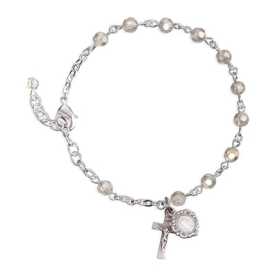 Silver Tone Catholic Rosary Bracelet with Silk 5mm faceted crystal beads and a silver oxidized Miraculous Medal and crucifix