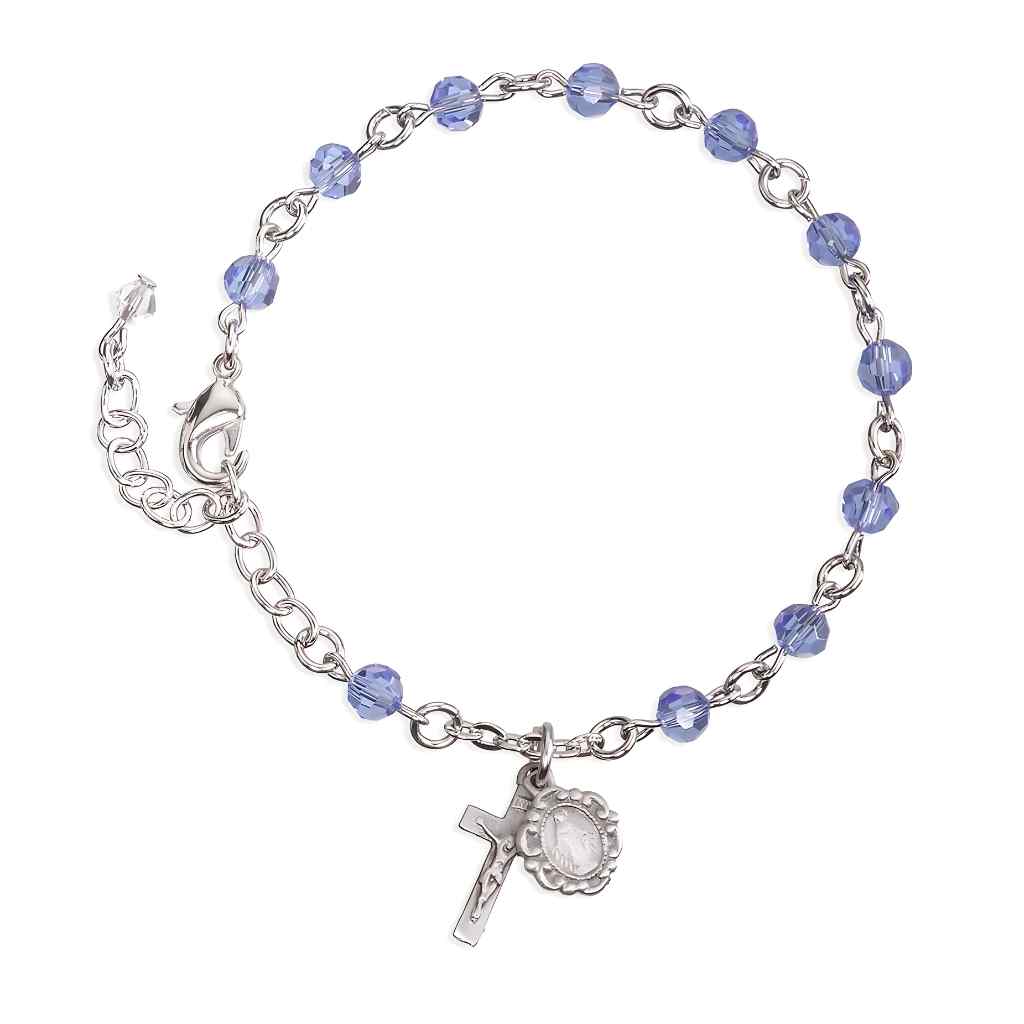 Silver Tone Catholic Rosary Bracelet with Sapphire 5mm faceted crystal beads and a silver oxidized Miraculous Medal and crucifix