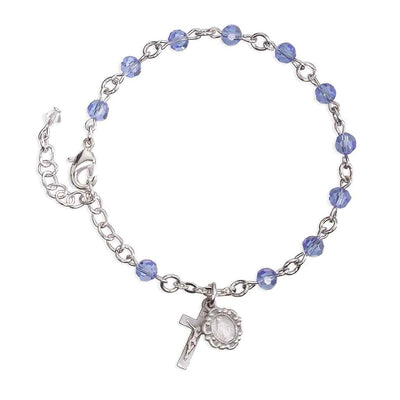 Silver Tone Catholic Rosary Bracelet with Sapphire 5mm faceted crystal beads and a silver oxidized Miraculous Medal and crucifix