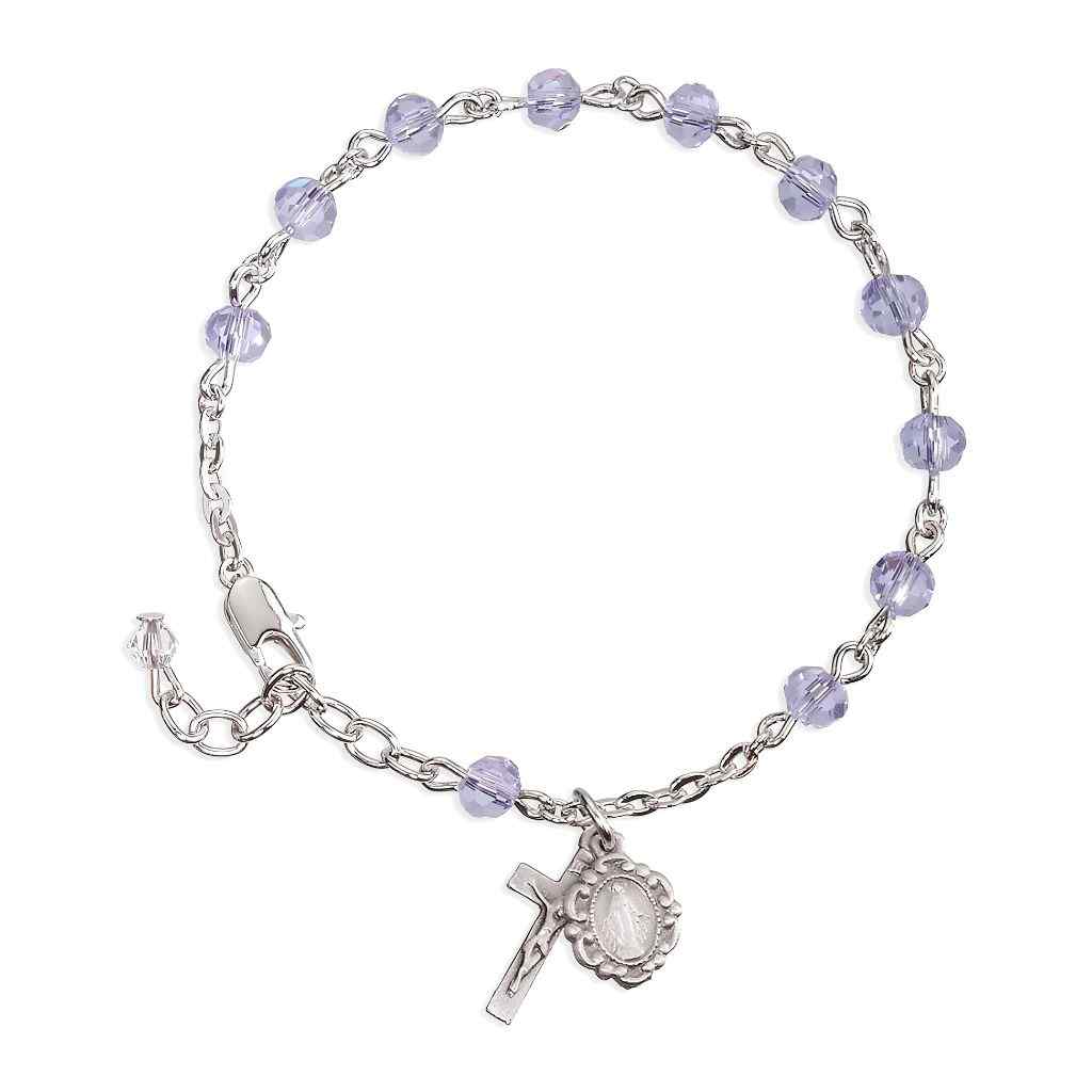 Silver Tone Catholic Rosary Bracelet with Violet 5mm faceted crystal beads and a silver oxidized Miraculous Medal and crucifix