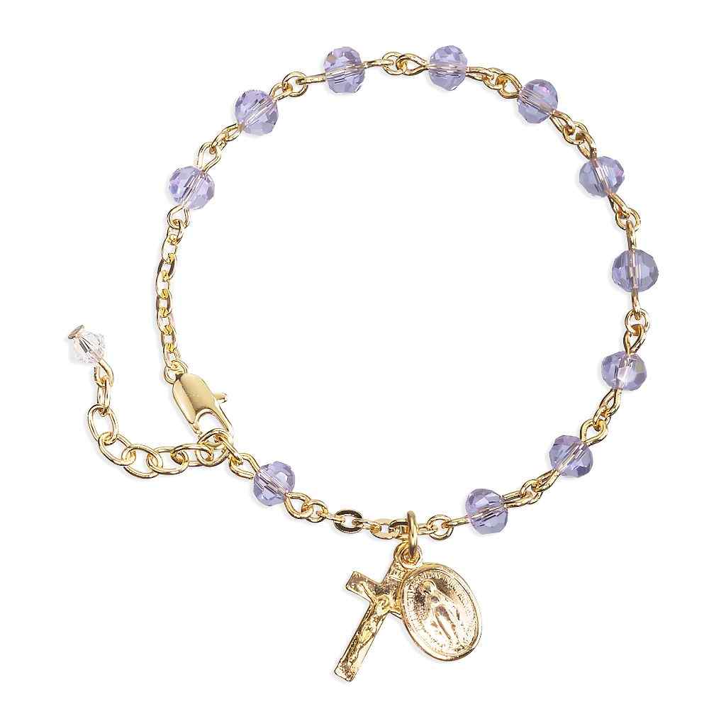 Catholic Rosary Bracelet with Violet 5mm faceted crystal beads and a gold plated Miraculous Medal and crucifix