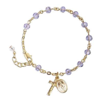 Catholic Rosary Bracelet with Violet 5mm faceted crystal beads and a gold plated Miraculous Medal and crucifix
