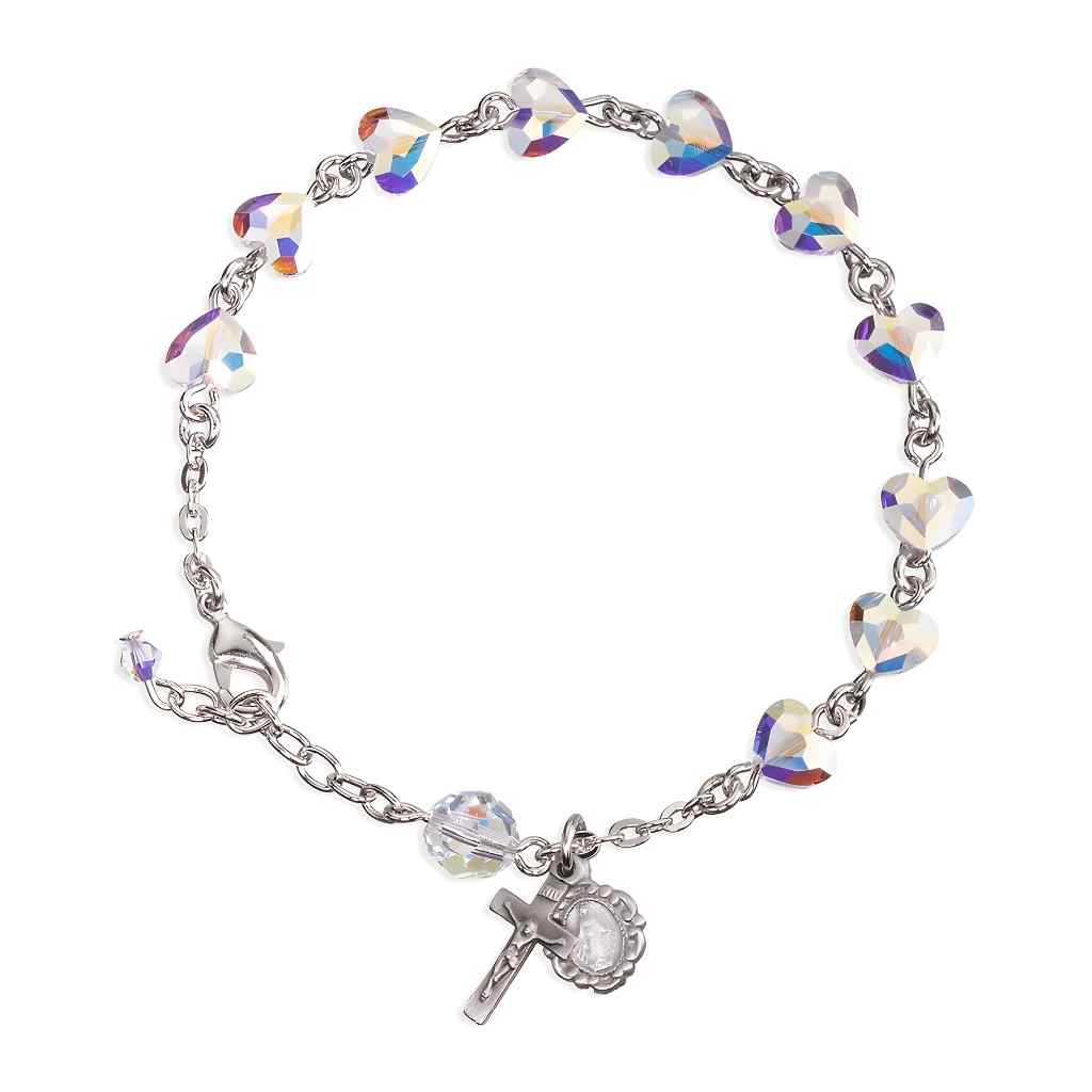 Silver Tone Swarovski® 8mm Aurora Crystal Heart Rosary Bracelet with Miraculous Medal and Crucifix