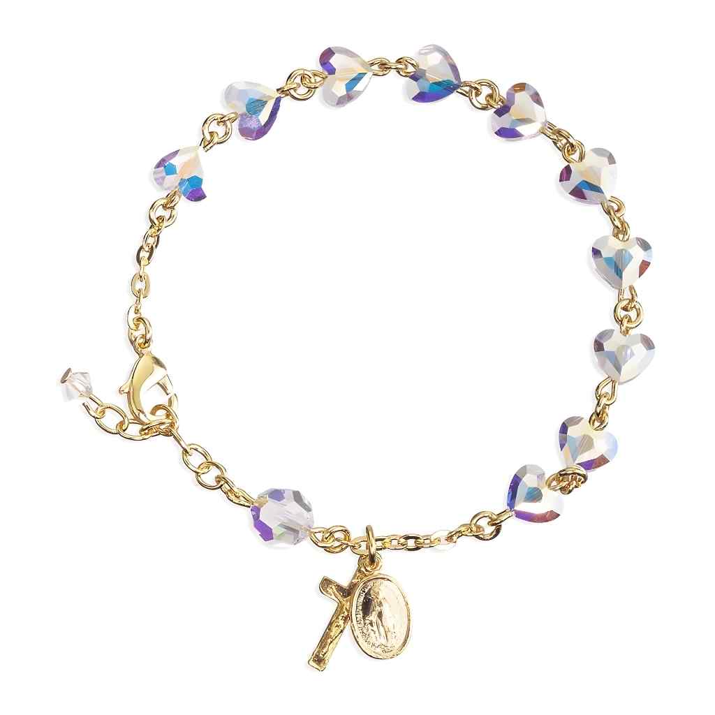 Gold Tone Swarovski® 8mm Aurora Crystal Heart Rosary Bracelet with Miraculous Medal and Crucifix
