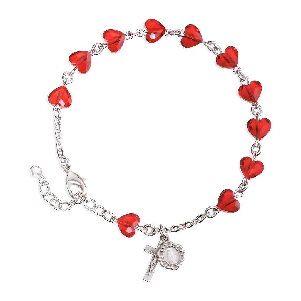 Silver Tone Swarovski® 8mm Red Crystal Heart Rosary Bracelet with Miraculous Medal and Crucifix