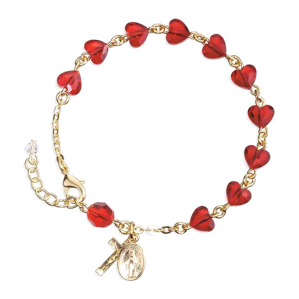 Gold Tone Swarovski® 8mm Red Crystal Heart Rosary Bracelet with Miraculous Medal and Crucifix