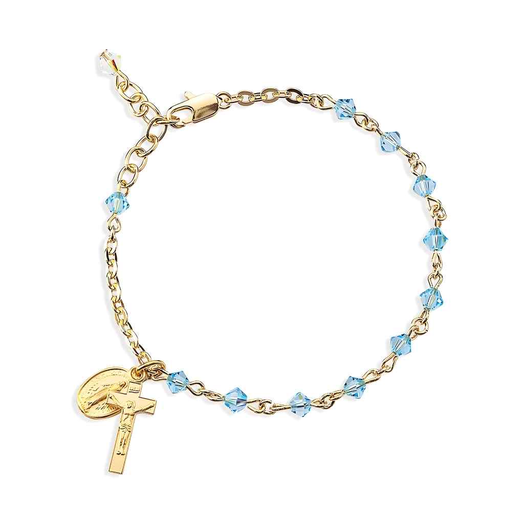 Gold-plated Aqua Swarovski® 4mm Crystal Bicone Rosary Bracelet with Miraculous Medal and Crucifix