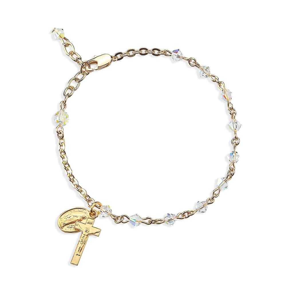 Gold-plated Swarovski® 4mm Crystal Bicone Rosary Bracelet with Miraculous Medal and Crucifix