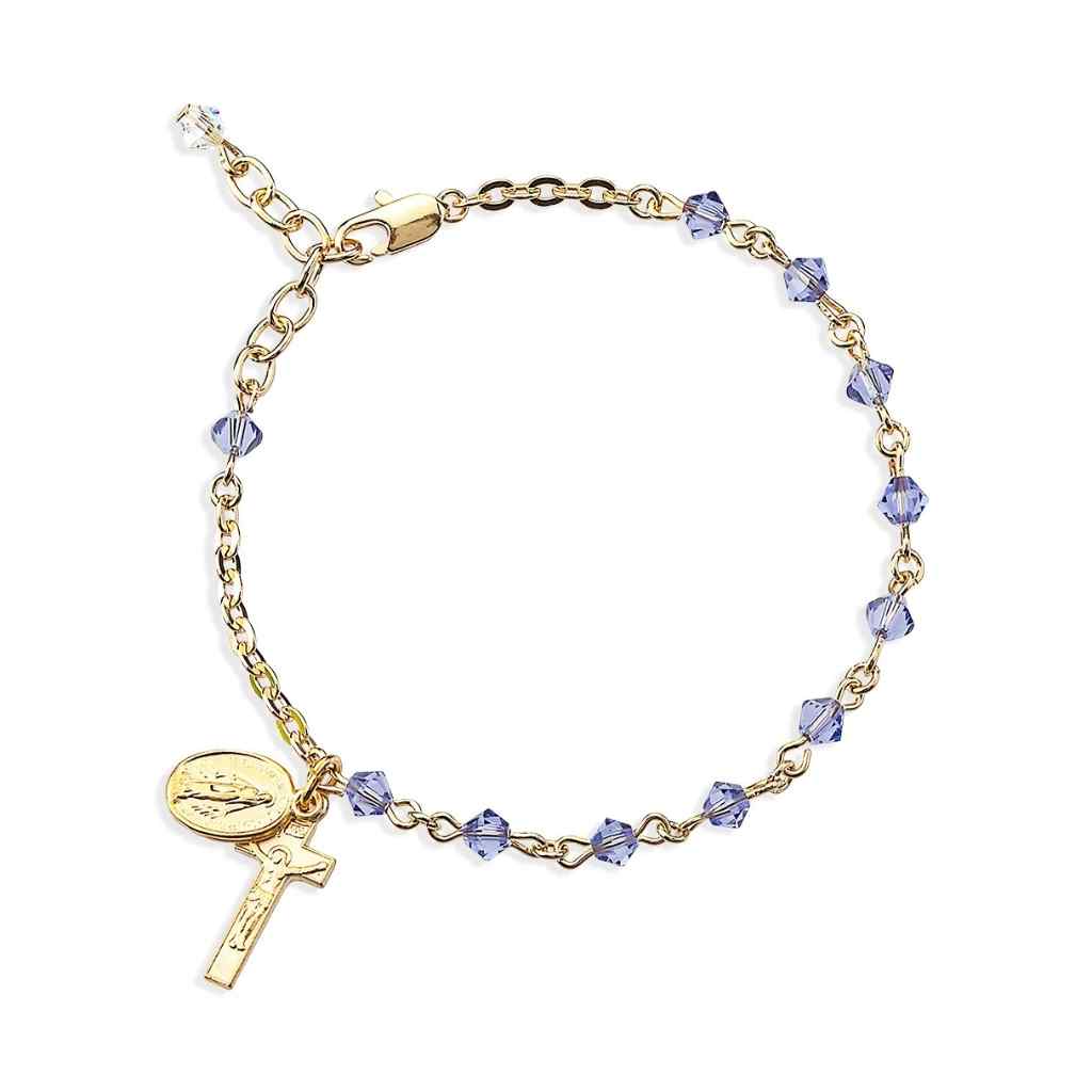Gold-plated Tanzanite Swarovski® 4mm Crystal Bicone Rosary Bracelet with Miraculous Medal and Crucifix