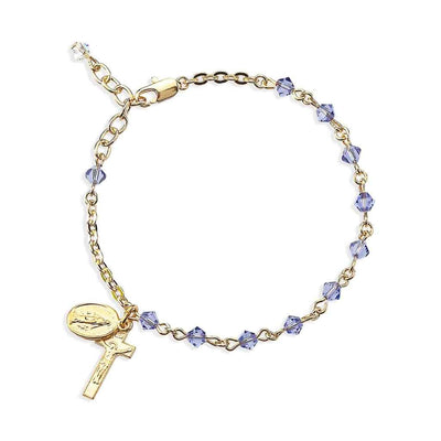 Gold-plated Tanzanite Swarovski® 4mm Crystal Bicone Rosary Bracelet with Miraculous Medal and Crucifix
