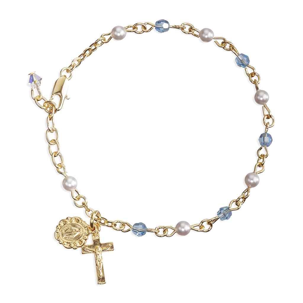Gold-plate 4mm Swarovski blue crystal and faux white pearls rosary bracelet with gold over pewter Miraculous and crucifix.