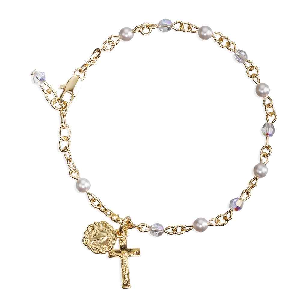 Gold-plate 4mm Swarovski crystal and faux white pearls rosary bracelet with gold over pewter Miraculous and crucifix.