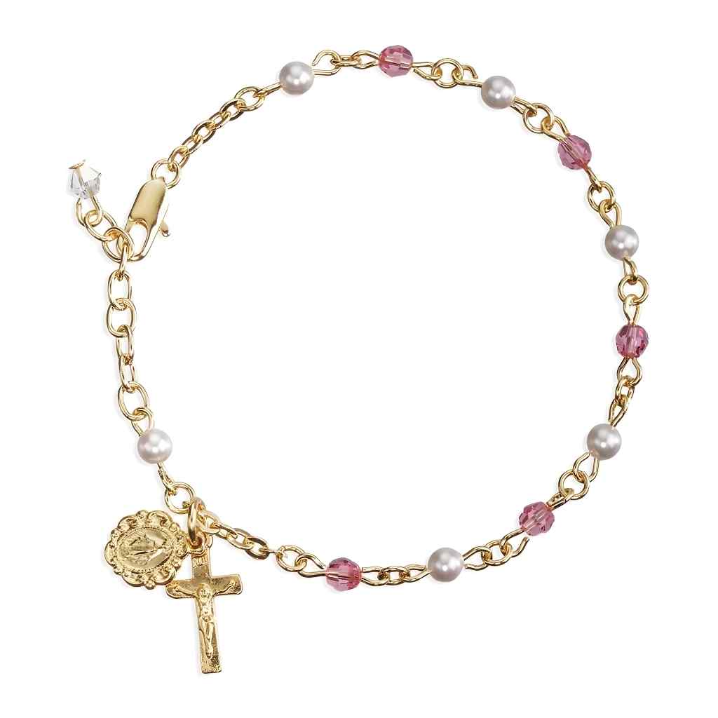 Gold-plate 4mm Swarovski pink crystal and faux white pearls rosary bracelet with gold over pewter Miraculous and crucifix.