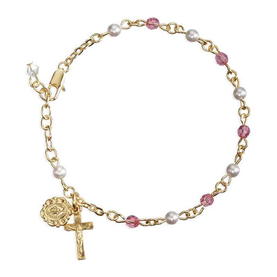 Gold-plate 4mm Swarovski pink crystal and faux white pearls rosary bracelet with gold over pewter Miraculous and crucifix.