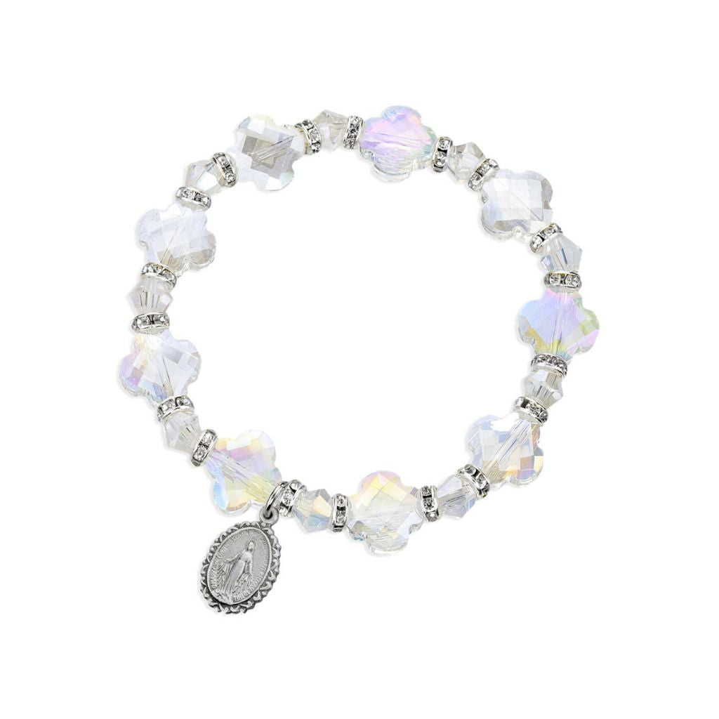 HMH Religious 12mm Cross Shape Crystal and Bicone Bead Stretch Bracelet with Rhinestone Accents