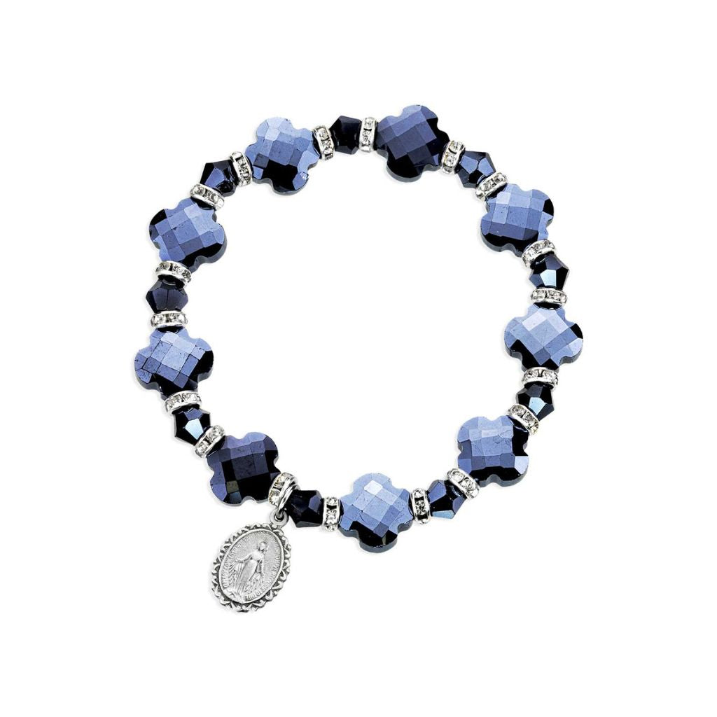 HMH Religious Miraculous Medal Charm with Midnight Blus 12mm Cross Shape and Bicone Bead Stretch Bracelet with Rhinestone Accents