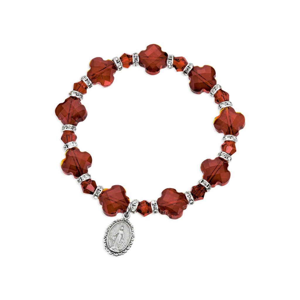 HMH Religious Miraculous Medal Charm with Ruby 12mm Cross Shape and Bicone Bead Stretch Bracelet with Rhinestone Accents