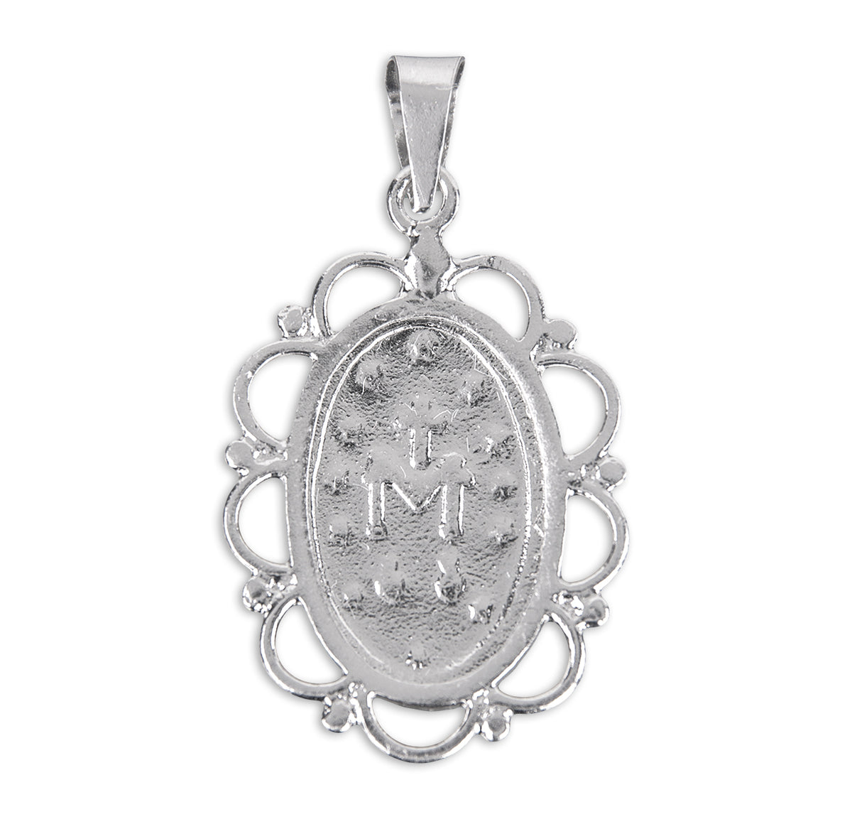 Back of Scalloped Edge Miraculous Medal Blue Cameo Necklace