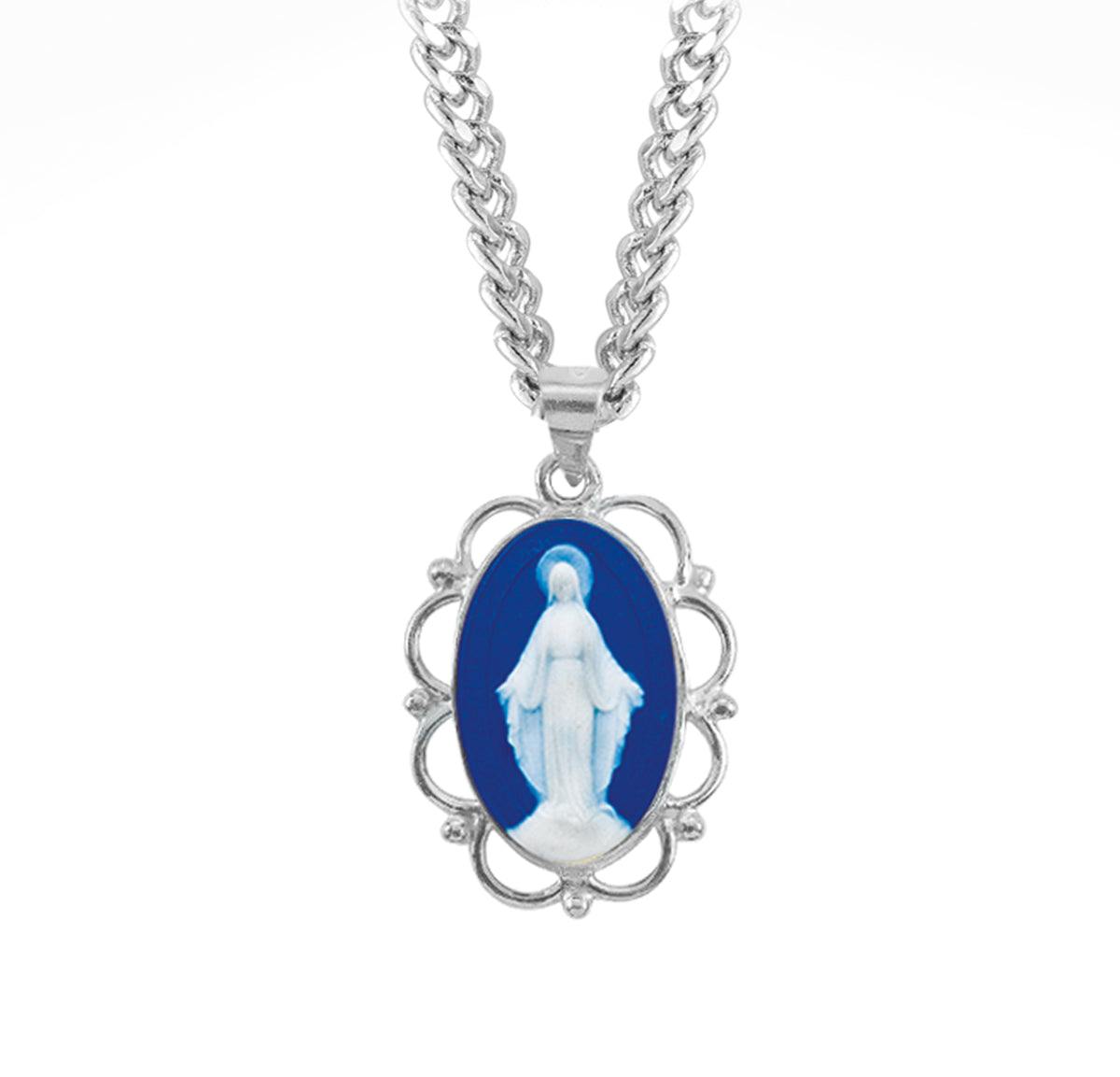 Scalloped Edge Miraculous Medal Blue Cameo Necklace