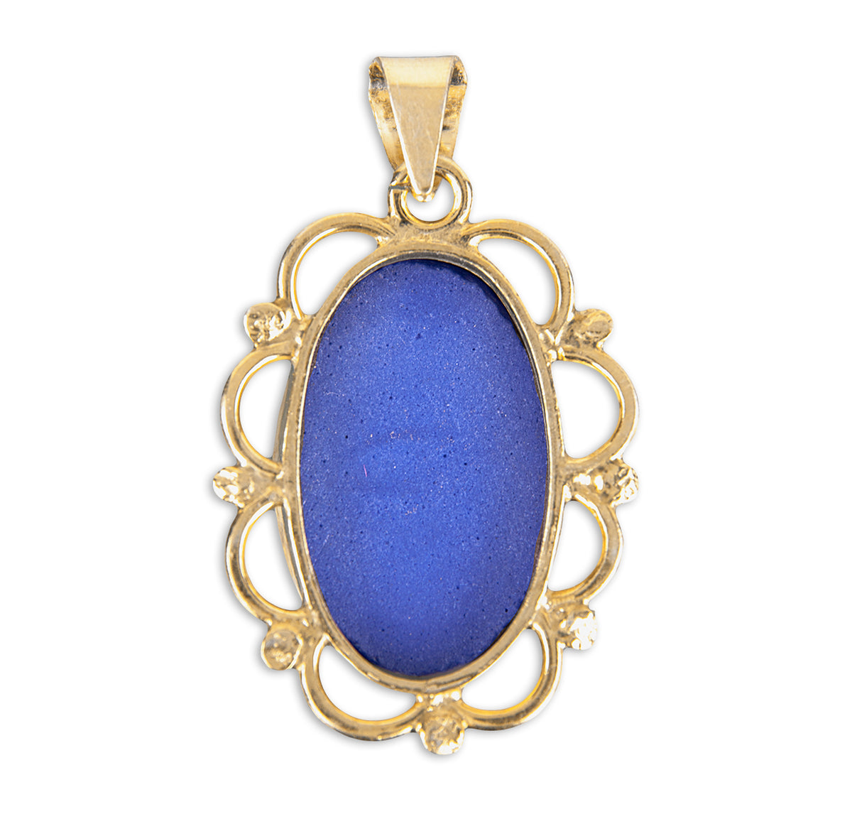 Back of Gold/Sterling Scalloped Edge Blue Cameo Our Lady of Grace Necklace