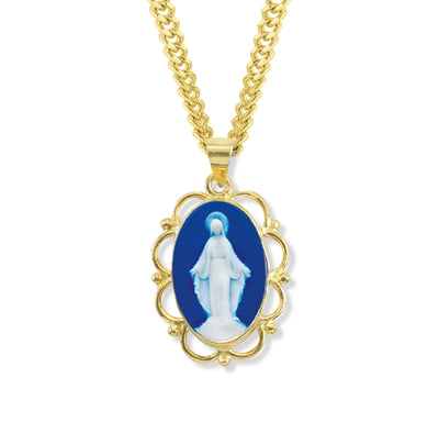 Gold/Sterling Scalloped Edge Blue Cameo Our Lady of Grace Necklace, HMH Religious