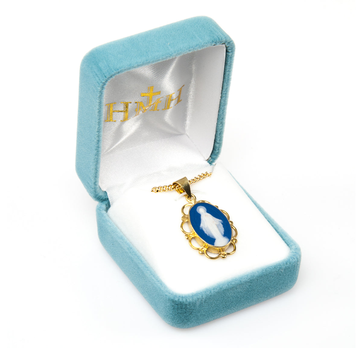 Gold/Sterling Scalloped Edge Blue Cameo Our Lady of Grace Necklace in Box