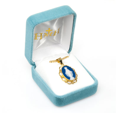 Gold/Sterling Scalloped Edge Blue Cameo Our Lady of Grace Necklace in Box, HMH Religious