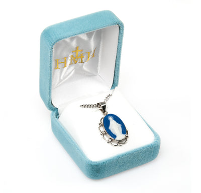 Scalloped Edge Miraculous Medal Blue Cameo Necklace in Box, HMH Religious