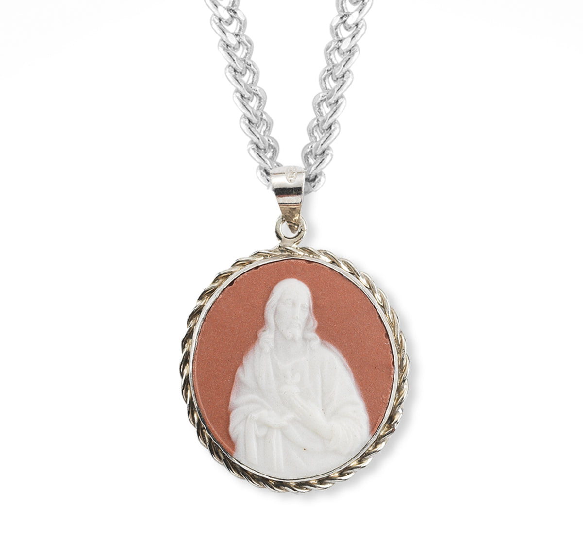 Pink Sterling Silver Sacred Heart of Jesus Cameo Necklace