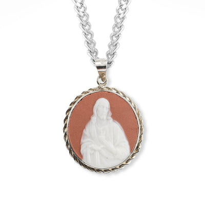 Pink Sterling Silver Sacred Heart of Jesus Cameo Necklace, HMH Religious