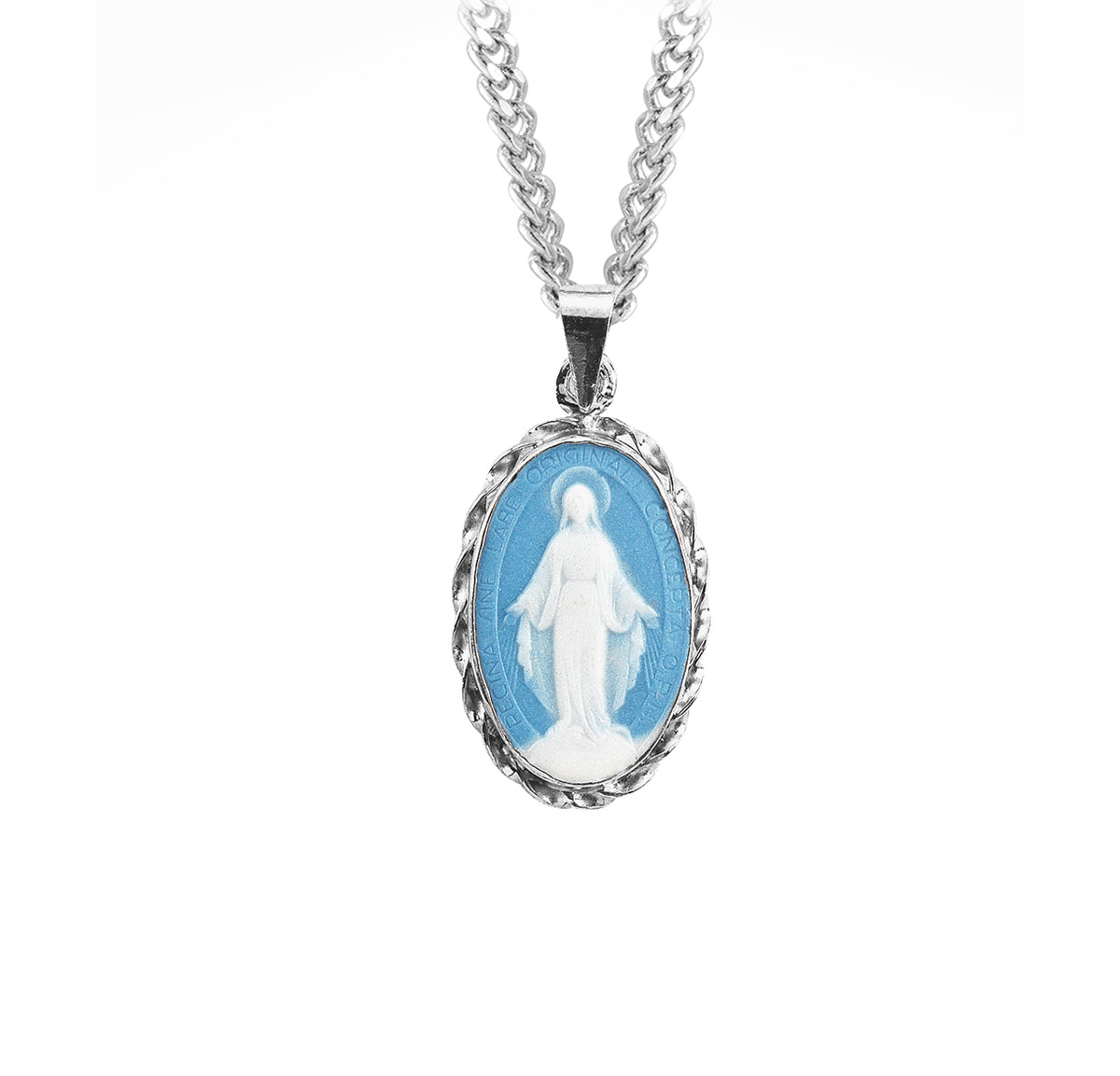 Scalloped Edge Miraculous Medal Light Blue Cameo Necklace