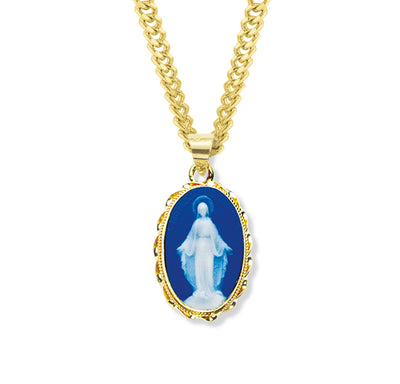 Dark Blue Gold Over Sterling Silver Cameo Miraculous Medal, HMH Religious