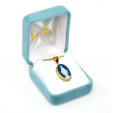 Dark Blue Gold Over Sterling Silver Cameo Miraculous Medal in Box, HMH Religious