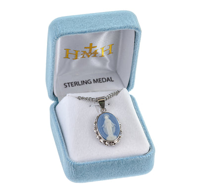 Scalloped Edge Miraculous Medal Light Blue Cameo Necklace in Box, HMH Religious