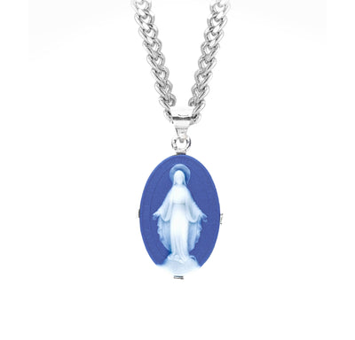 Dark Blue Sterling Silver Cameo Miraculous Medal Necklace, HMH Religious