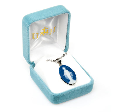 Dark Blue Sterling Silver Cameo Miraculous Medal Necklace in Box, HMH Religious