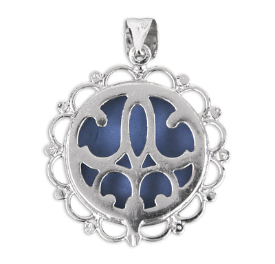 Back of Sterling Silver Madonna & Child Light Blue Cameo Necklace, HMH Religious