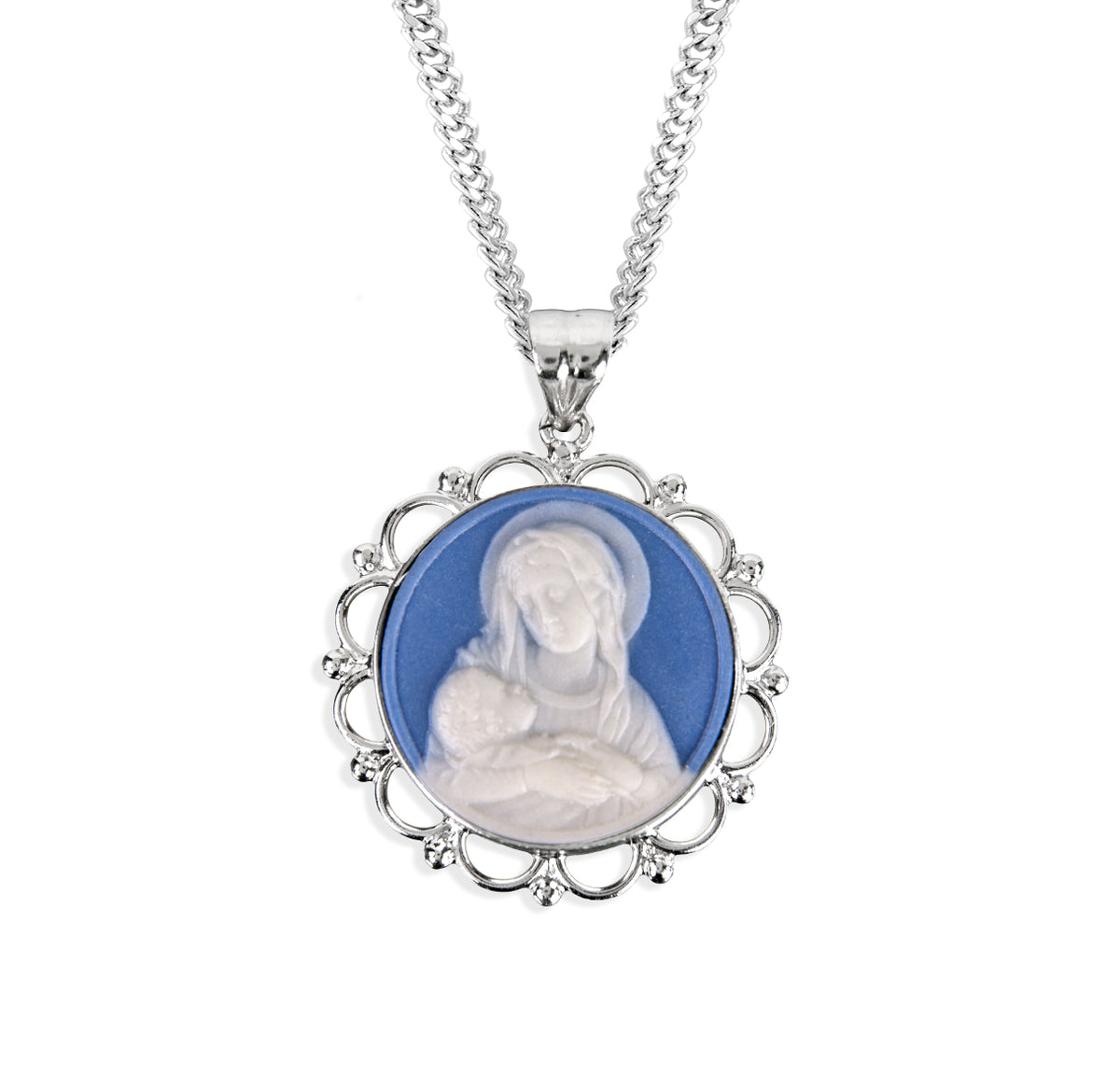 HMH Sterling Silver Madonna & Child Light Blue Cameo Necklace