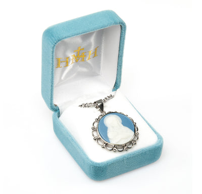 Sterling Silver Madonna & Child Light Blue Cameo Necklace in Box, HMH Religious