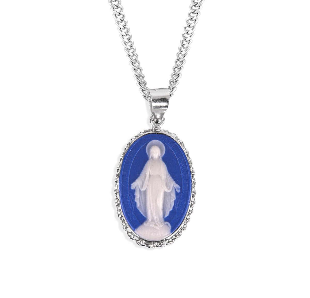 Dark Blue Sterling Silver Cameo Miraculous w/Rope Frame Necklace